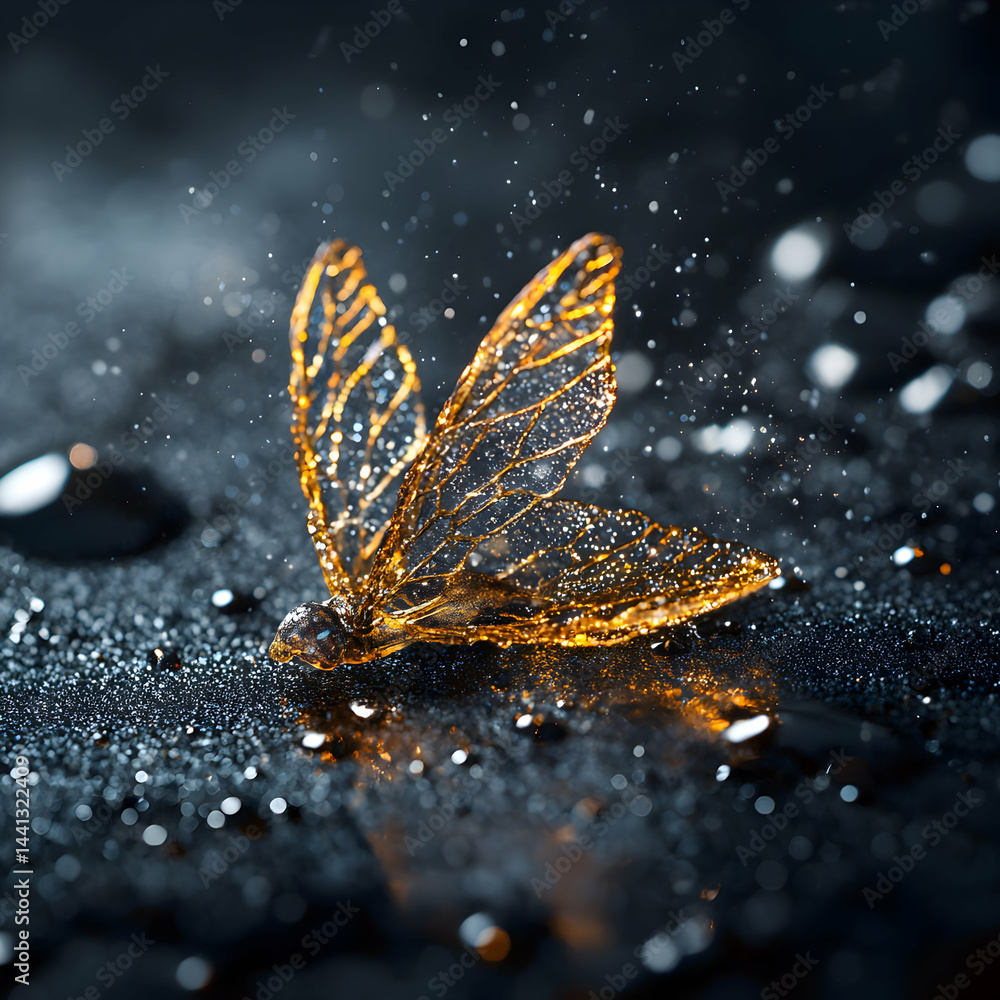 Poster a delicate golden butterfly with translucent wings rests on a dark wet surface. use it as an elegant