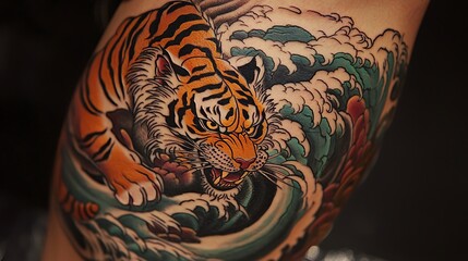 A tiger is depicted in a tattoo on a person's arm, with the tiger's face