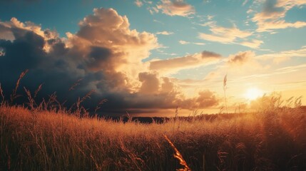 Obraz premium Golden hour sunset with dramatic clouds over grassy field