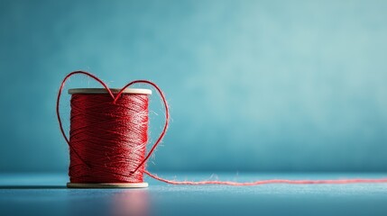 A spool of red thread shaped like a heart on a blue background, symbolizing creativity.