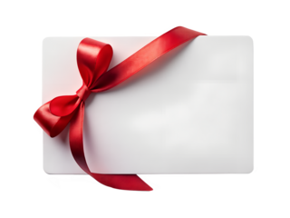 A white rectangular card with a red ribbon tied around the top left corner on a transparent background