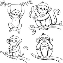 Bold black and white hand-drawn illustrations of 4 monkeys doodling swinging from vines, eating bananas, playing in trees, and making funny faces, isolated on white.