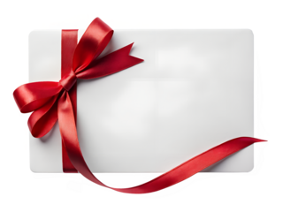 A white rectangular card with a red ribbon tied around the top left corner on a transparent background