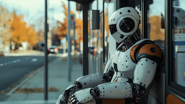 A futuristic robot is depicted while it is waiting at a bus stop in a beautifully colorful autumn landscape