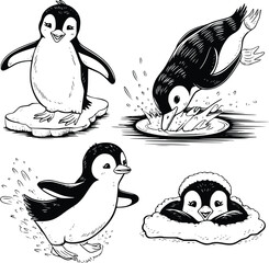 Bold black and white hand-drawn illustrations of 4 penguins doodling waddling on ice, diving into water, sliding on bellies, and resting in snow, isolated on white. © Syed  Haseeb Jan