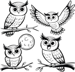 Bold black and white hand-drawn illustrations of 4 funny owls doodling perched on trees, flying at night, staring at the moon, and hooting from branches, isolated on white.