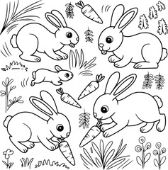Bold black and white hand-drawn illustrations of 4 cute rabbits doodling munching on carrots, hopping around gardens, and playing with each other, isolated on white.