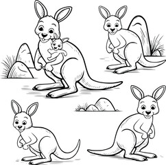 Bold black and white hand-drawn illustrations of 4 playful kangaroos doodling hopping in the outback, carrying babies, and playing in the wild, isolated on white.