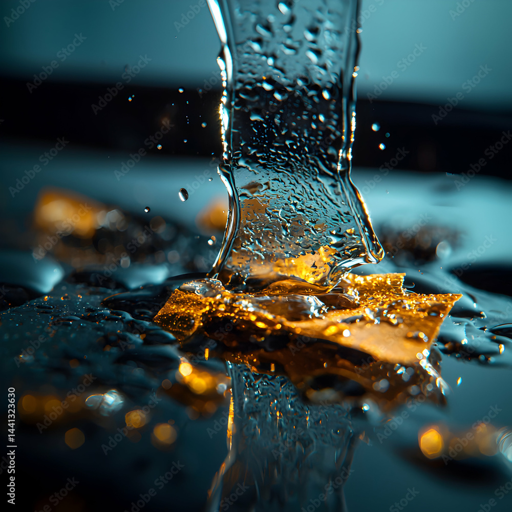 Poster a macro shot of water cascading onto a golden textured surface. use this image to advertise liquid p