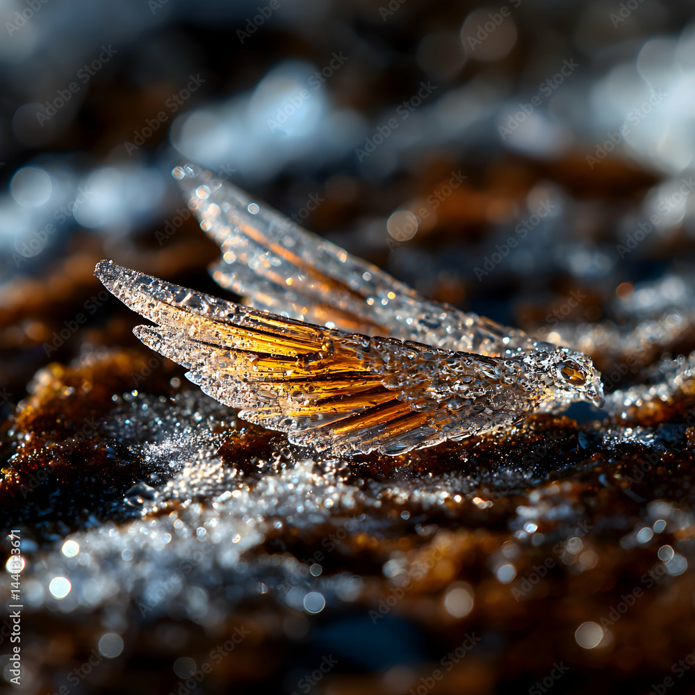 Poster close-up of delicate ice wings resting on a textured surface. a symbol of fragility and beauty. idea