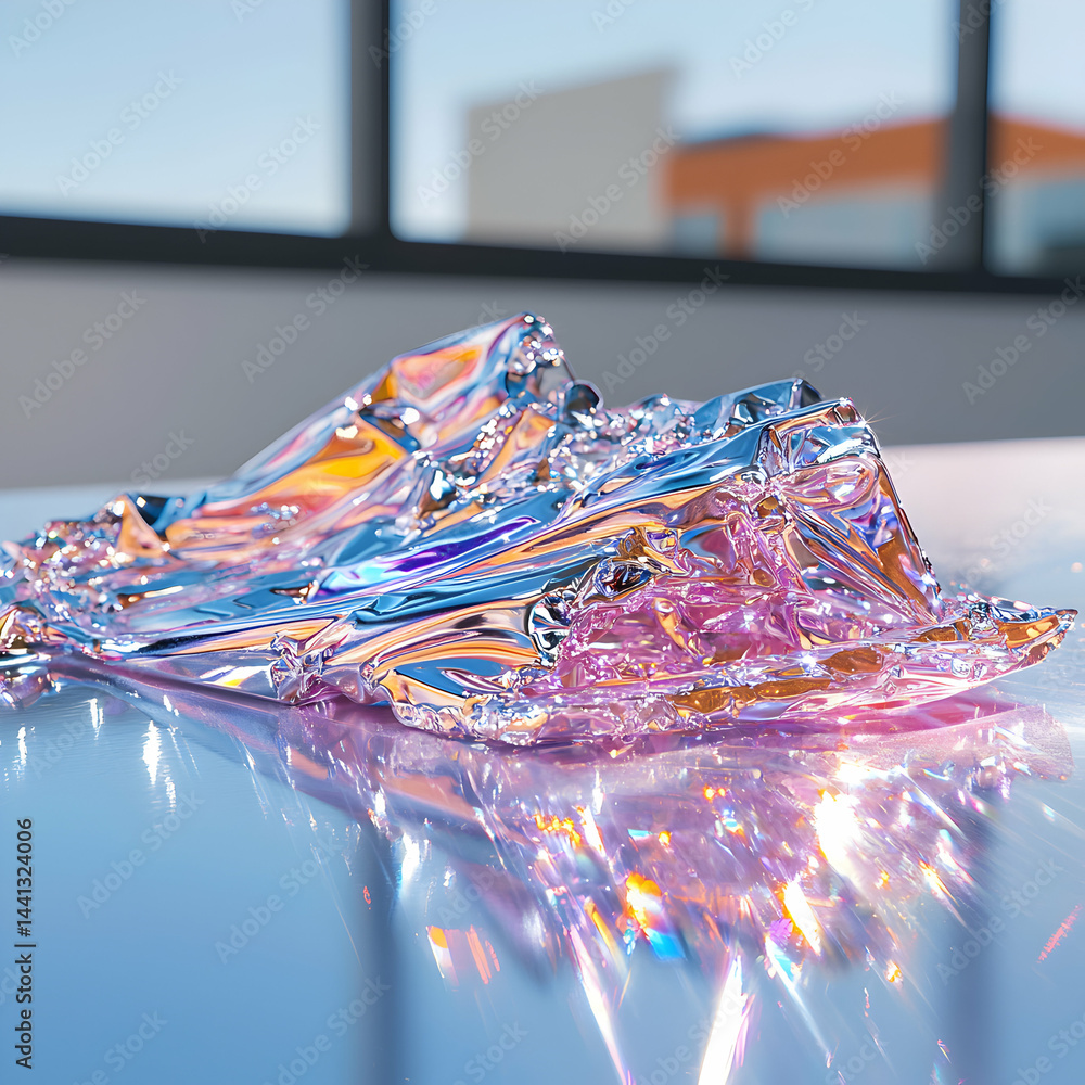 Poster a shimmering abstract composition features iridescent crumpled foil. it creates a dazzling light ref