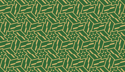Decorative background with triangles. Curved lines. Vector illustration. Green, gold color. Bright background for poster, banner, flyer. Seamless