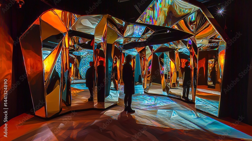 Poster person standing in a room filled with mirrors, engaging with the surrounding reflections in an intri