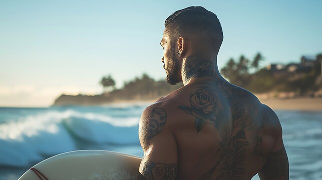 A man with tattoos on his back is standing on a beach holding a surfboard