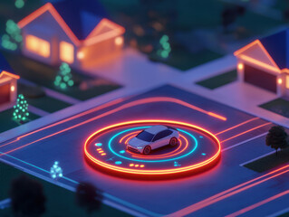 futuristic car surrounded by glowing circular designs at night