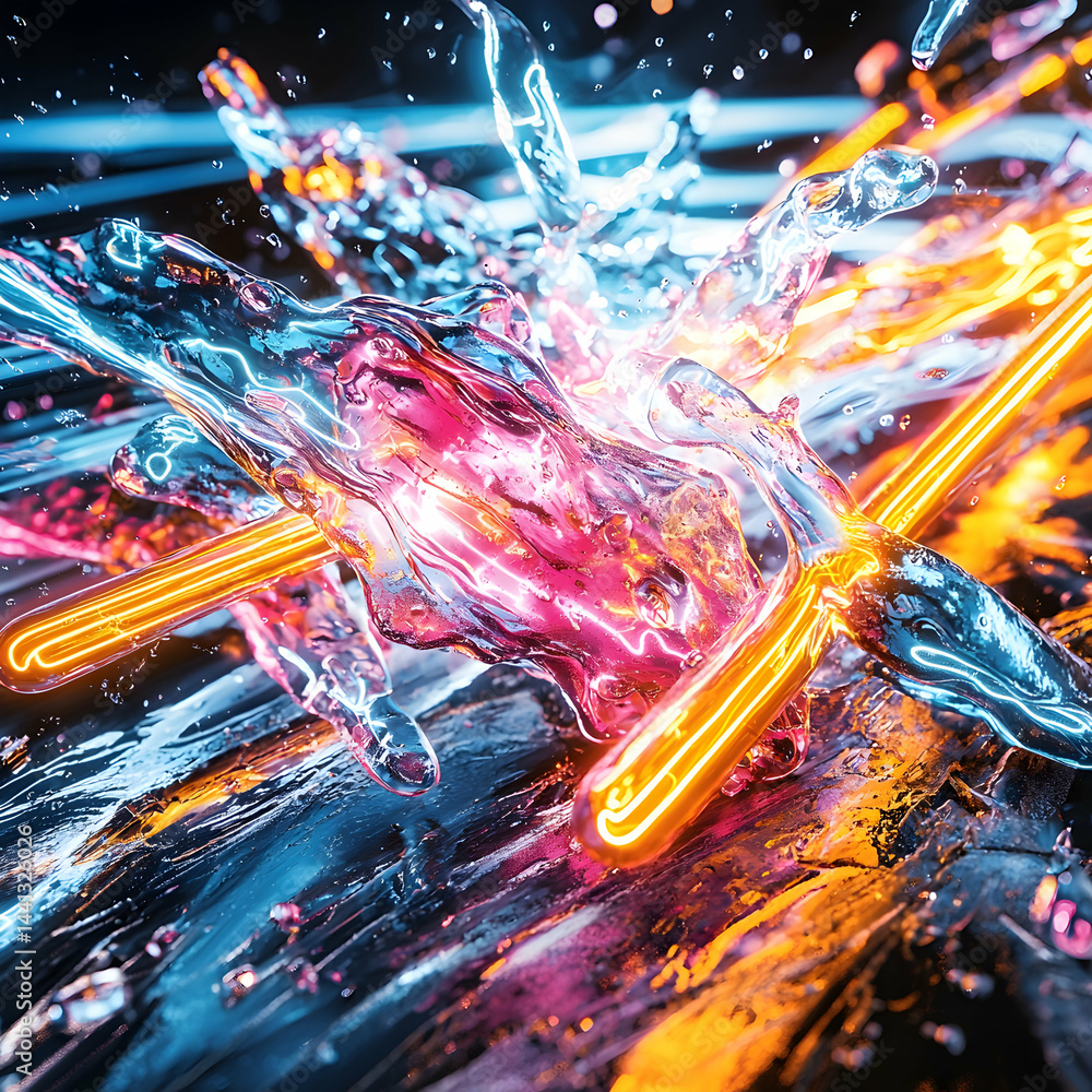 Poster dynamic abstract composition with glowing neon elements intersecting water-like shapes. evokes energ