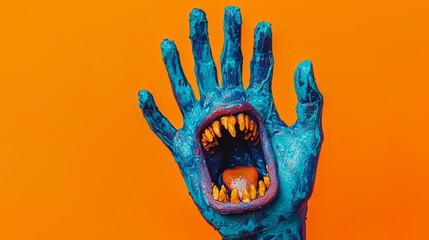 An artistic representation of a monster hand with vivid colors and an expressive mouth.