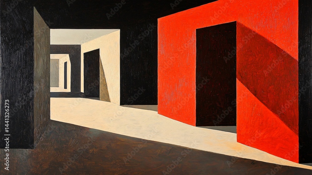 Poster bold color blocks in an abstract painting depicting a hallway design with a modern artistic approach