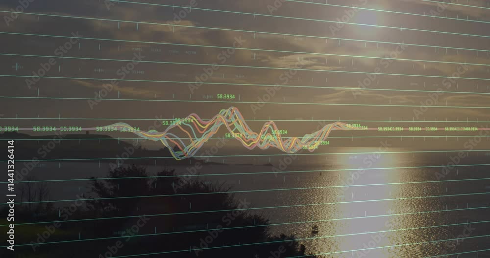 Poster multicolored data lines moving across coastal sunset grid, showing numeric trends in flat design