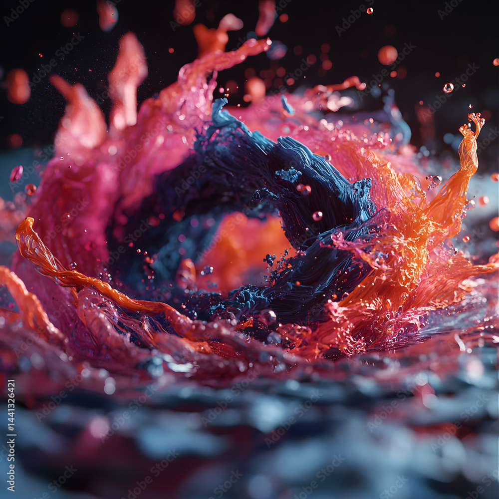 Poster abstract artwork displaying colorful liquid dynamics. ideal for scientific visualizations or creativ