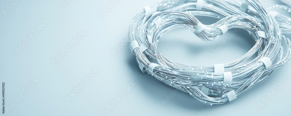 Poster close-up view of illuminated led string lights on a soft blue surface.