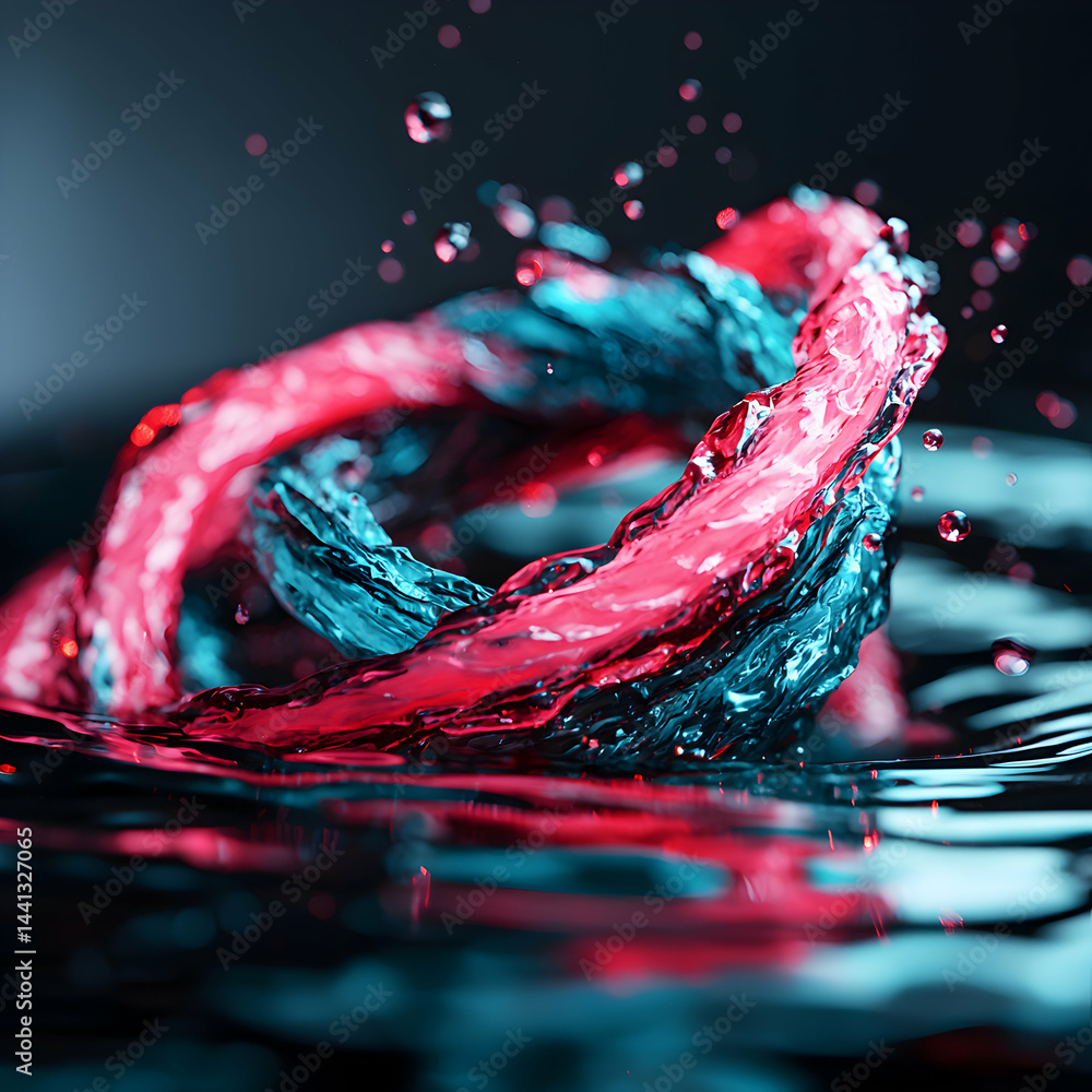 Poster an artistic shot of water merging blue and red creating a fluid knot with droplets. it's suitable fo