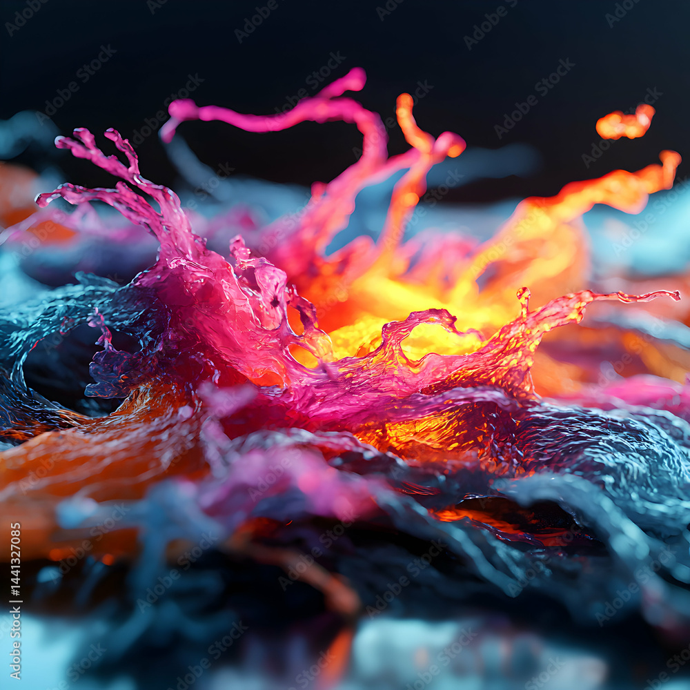 Poster vibrant abstract artwork displaying dynamic liquid forms. suggests energy and fluidity ideal for vis
