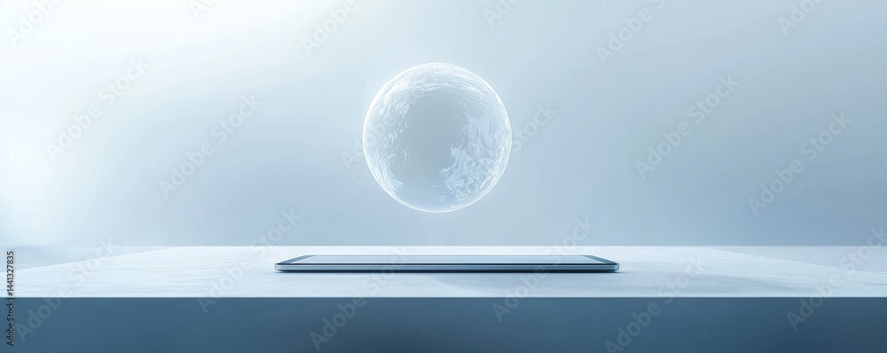 Poster futuristic interface showcasing a holographic display above a sleek device.