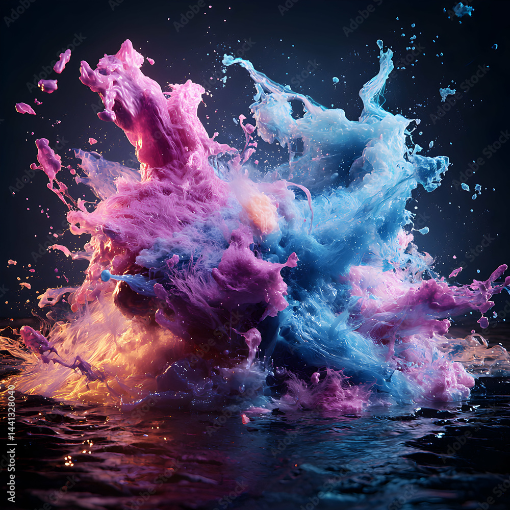 Poster abstract explosion of colorful liquid. it resembles paint mixing or a water splash. use as a vibrant