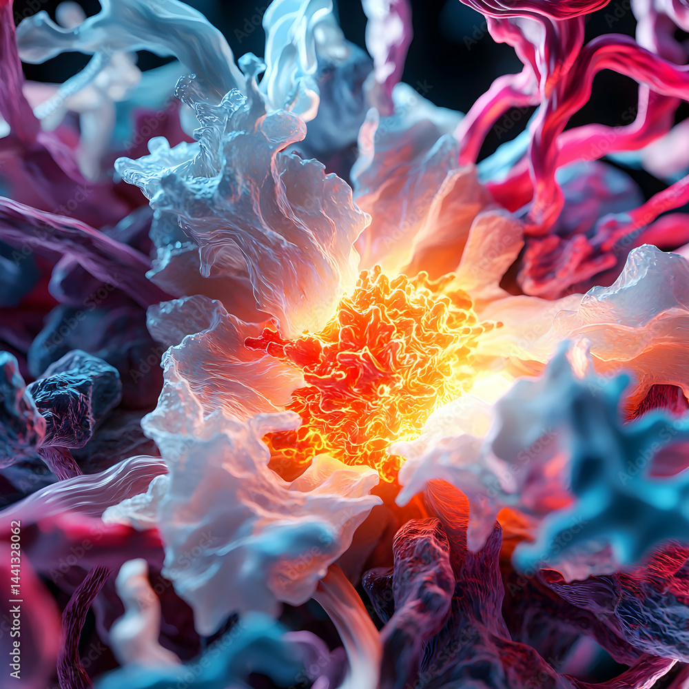 Poster an abstract depiction of cellular structures with a central glowing core possibly related to biologi