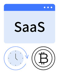 Browser window labeled SaaS with clock and Bitcoin icons. Ideal for software, subscription model, blockchain, time-saving, technology, finance, and innovation. Flat simple metaphor