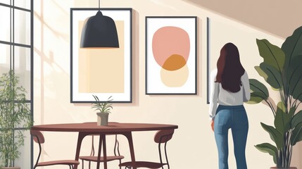 Woman Appreciating Abstract Art in a Sunlit Room