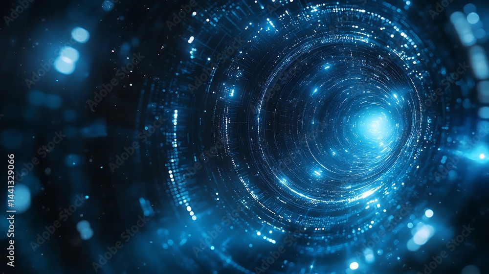 Poster futuristic digital tunnel with glowing blue lights and data patterns