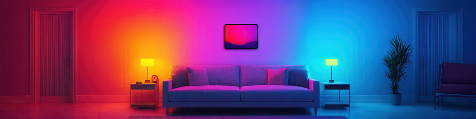 modern living room illuminated by vibrant gradient lighting