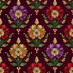 Jeweled Floral Pattern Gold, Purple, and Red Flowers on Dark Burgundy