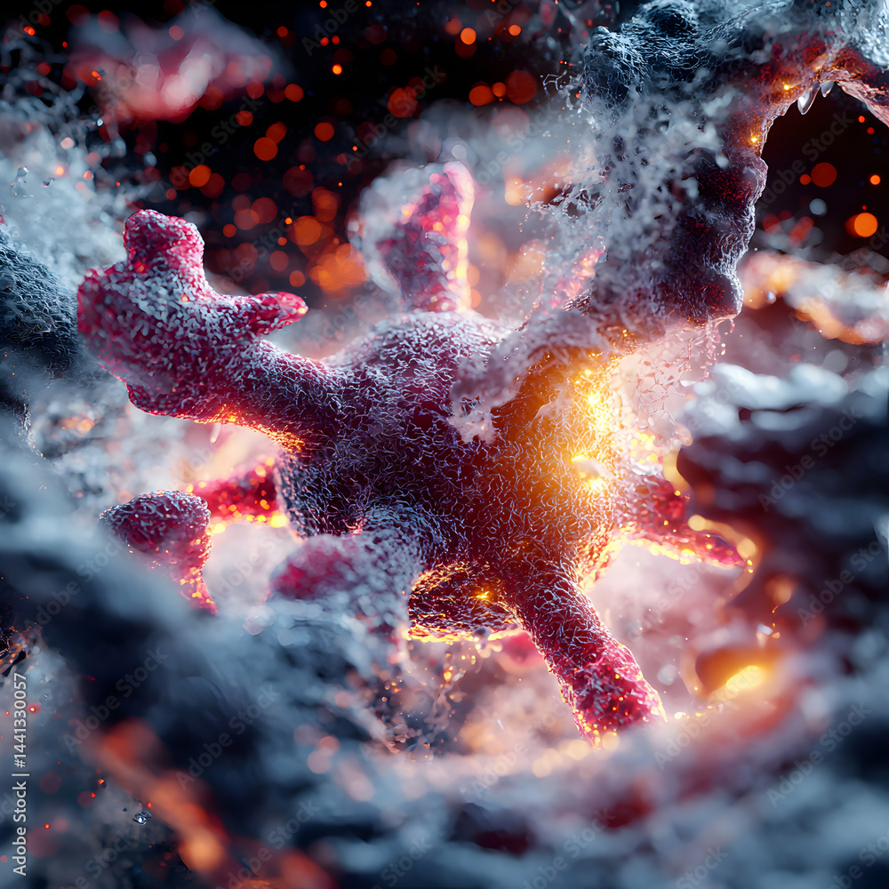 Poster an abstract depiction of a fiery cell. could represent disease at a microscopic level. ideal for med