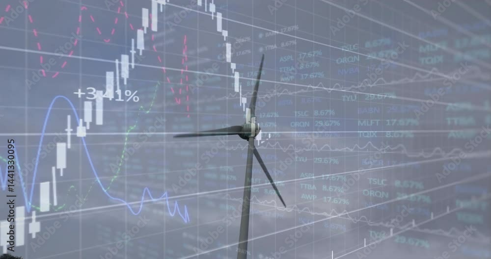 Poster wind turbine spinning under cloudy sky, candlestick chart pulsing over colored line graph grid