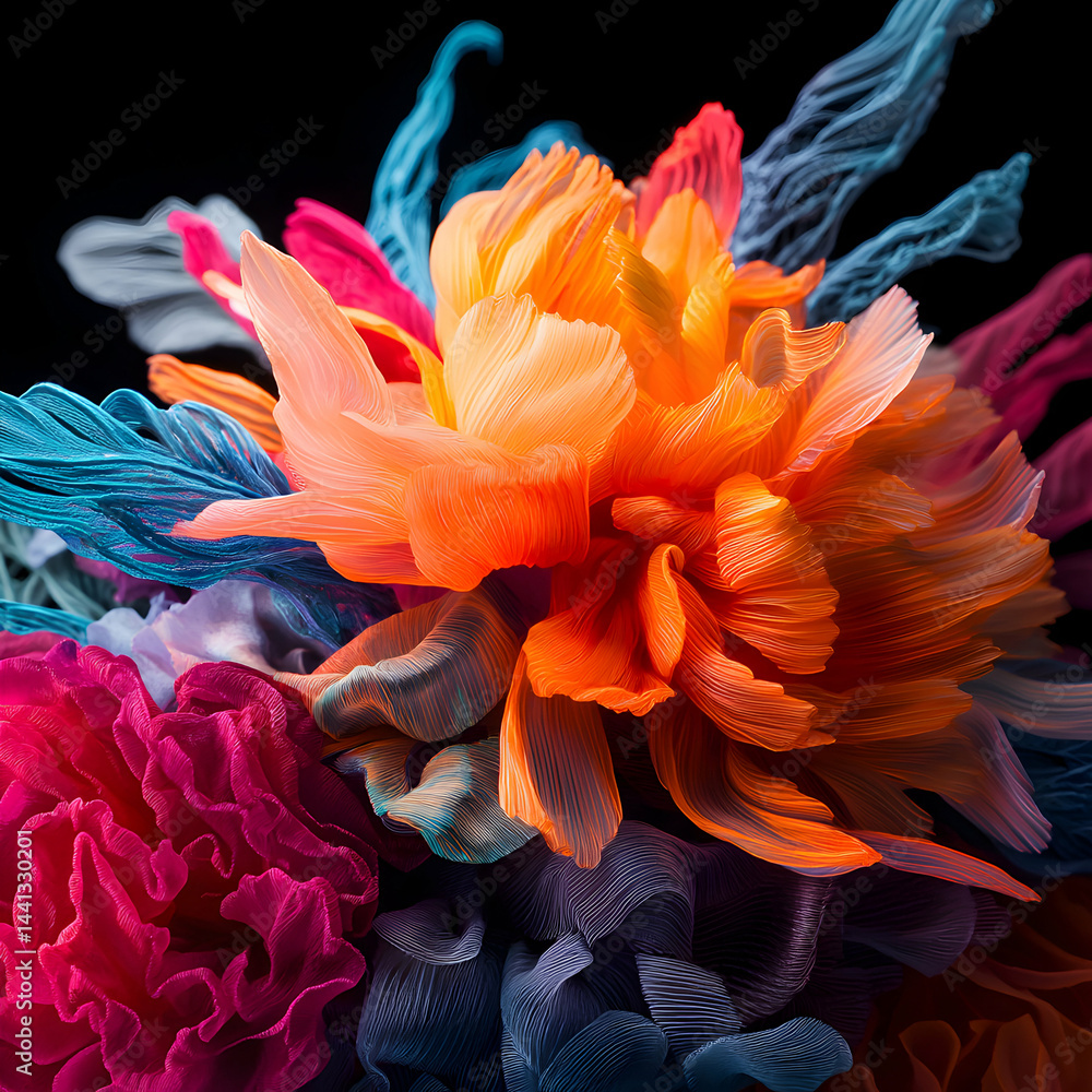 Poster vibrant abstract floral design with intricate layered textures. ideal for textile patterns wallpaper