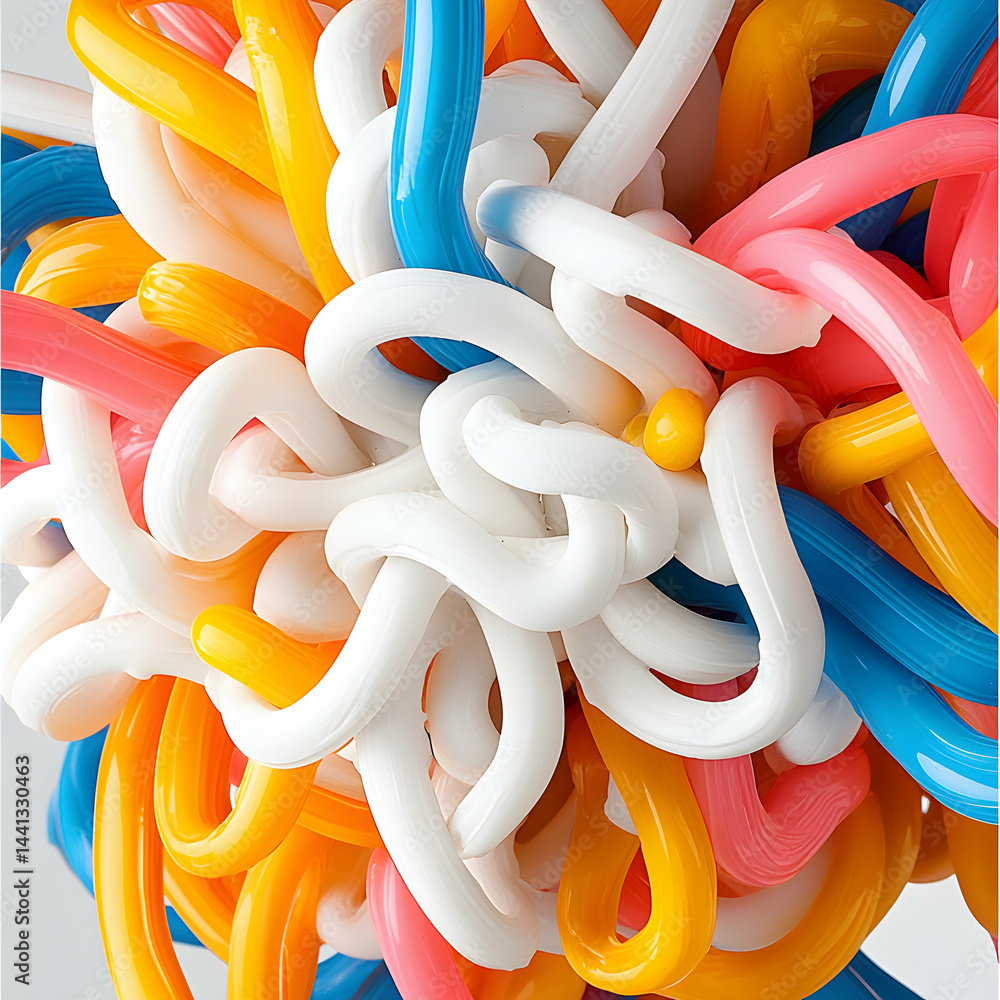 Poster an abstract colorful sculpture with intertwined glossy shapes. it could be used for artistic install