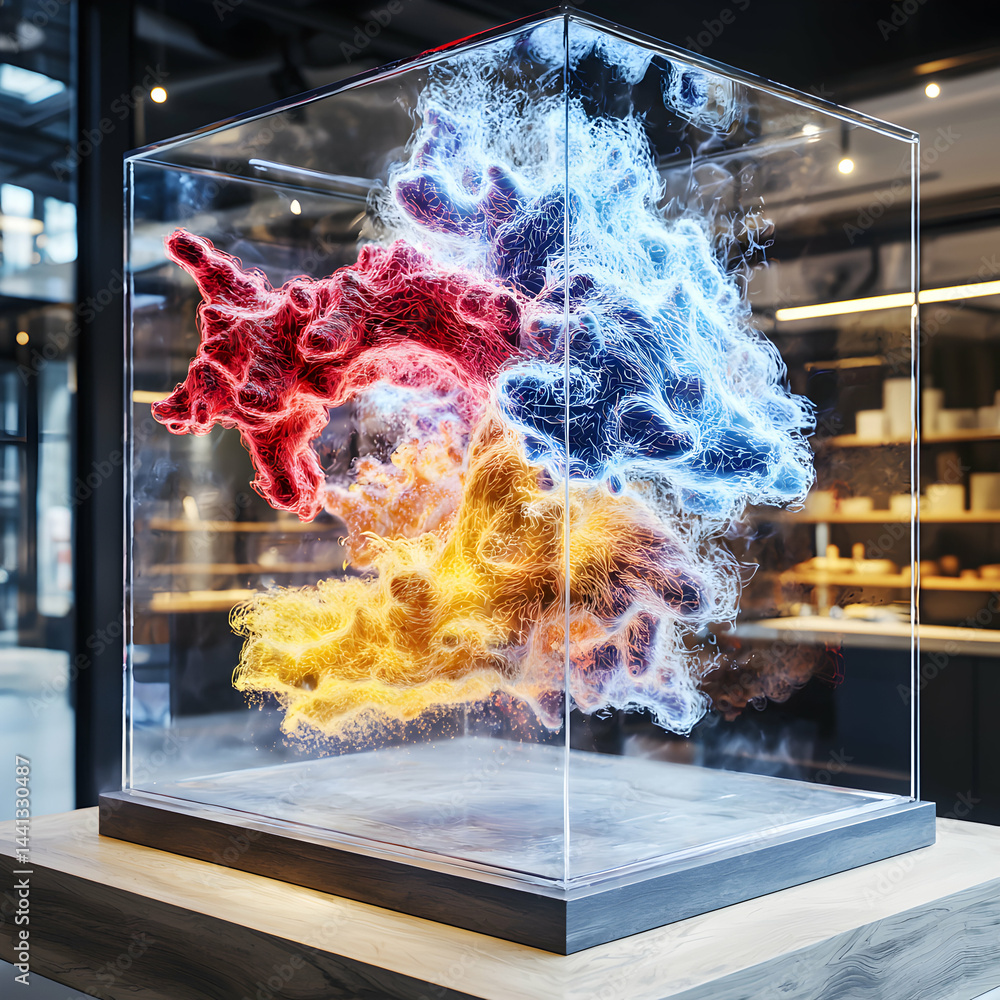 Poster abstract art in a glass cube. beautiful color explosion. could be used as decor or a science-themed 