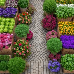 Overhead View of Colorful Flower Planters Arranged on a Stone Path