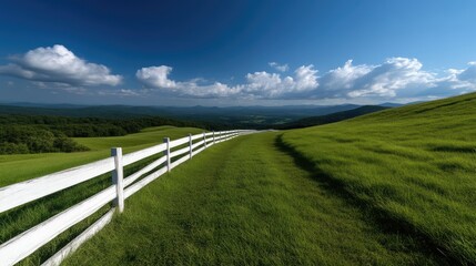Fototapeta premium White wooden fence curves down a lush green hillside under a bright blue sky with fluffy white clouds.
