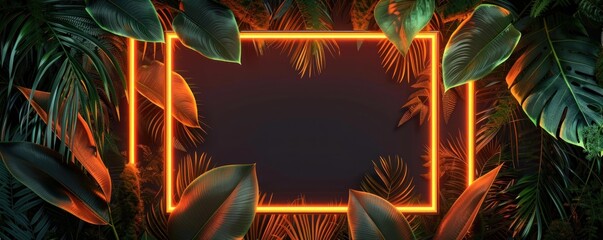 glowing orange neon rectangular frame surrounded by lush green tropical leaves creating a contrasting dark and warm vibrant atmosphere
