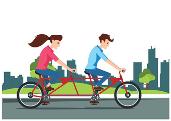Obraz premium Illustration people rides a sports bike on a park road with friend, Vector Illustration