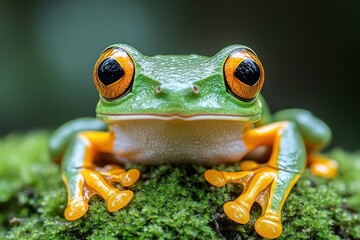 Green frog with orange eyes sits on mossy surface looking at the viewer.