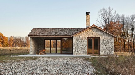 Eco-Friendly Rural Construction of a Modern House with Natural Materials Surrounded by Serene Landscape