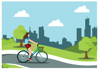 Naklejka premium Illustration people rides a sports bike on a park road with friend, Vector Illustration