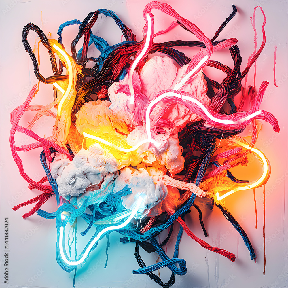 Poster abstract artwork showcasing colorful neon lights intertwined with textured materials evoking a dynam