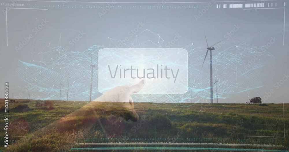 Poster pointing hand interacting with semi-transparent virtuality panel floating above wind farm in 3d