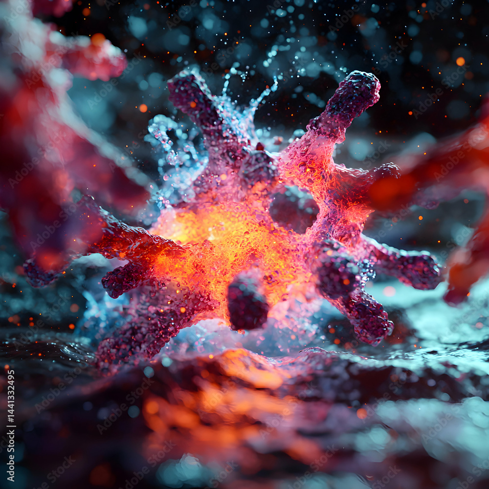 Poster a vibrant macro image featuring a detailed biological structure showcasing cellular activity or mole